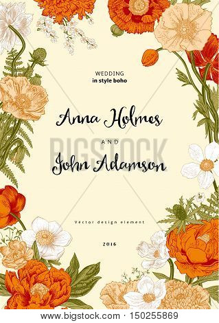 Wedding invitation. Spring Flowers. Poppy anemones peony. Vintage botanical illustration. Vector design element.
