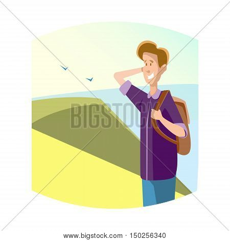 Young Boy Student University Education Over Nature Seaside Background Flat Vector Illustration