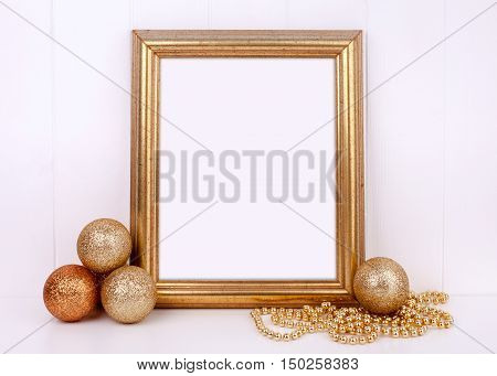 Christmas mockup styled stock photography with gold frame and gold glitter baubles space for your quote promotion headline or design great for blogging and social media