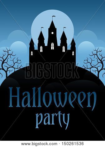 Halloween party flyer template. Castle on the moonscape background