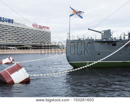 Saint Petersburg Russia September 12 2016: Bow gun of the Cruiser Aurora in Saint-Petersburg Russia
