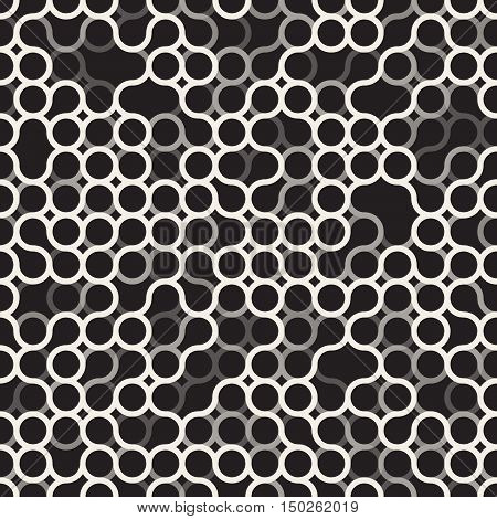 Vector Seamless Black and White Circles Irregular Grid Pattern. Abstract Geometric Background Design