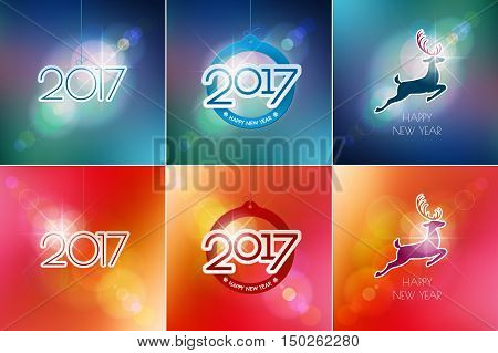 Happy New Year design elements. Merry Christmas decoration and card design. 2017, deer on red blue blurred mesh background with defocused light spots. Holiday vector abstract artwork set.
