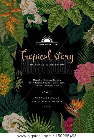 Vector vintage card. Botanical illustration. Tropical flowers and leaves. Night