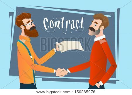 Business People Handshake Meeting Signing Agreement, Businessmen Hand Shake Contract Falt Vector Illustration
