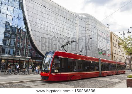 Red Tram On The Street Of Katowice City, Poland