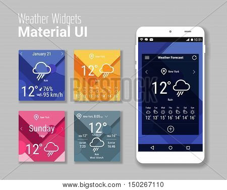 Trendy mobile app weather widgets UI kit, on trendy material background, with smartphone mockup and bold line icons