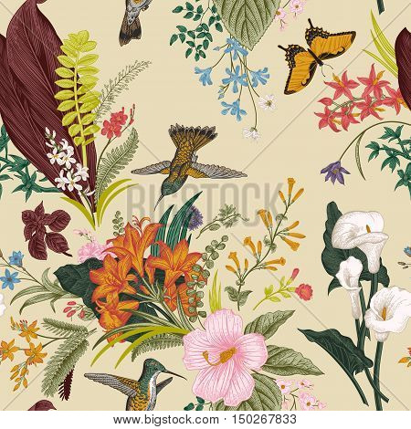 Vector seamless vintage floral pattern. Exotic flowers and birds. Botanical classic illustration. Colorful