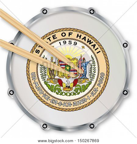 Hawaii state seal snare drum batter head with tuning screws and with drumsticks over a white background