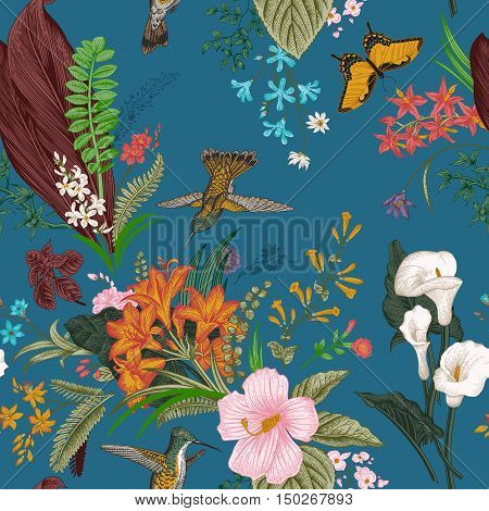 Vector seamless vintage floral pattern. Exotic flowers and birds. Botanical classic illustration. Colorful