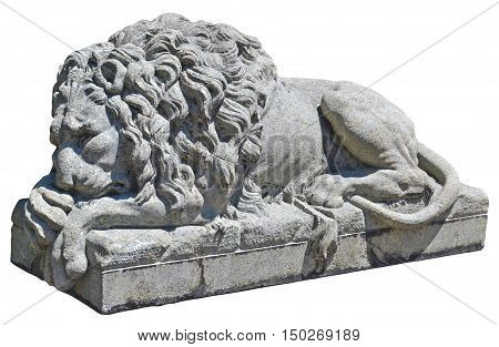 Sculptured figure of lying lion isolated with path