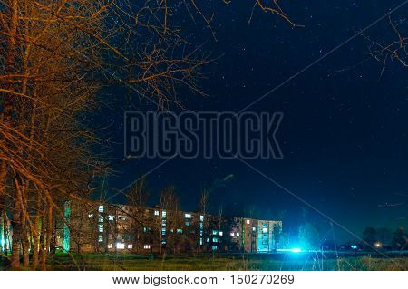 The night the starry sky on multifamily houses