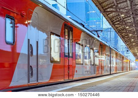 Moscow Russia - October 03 2016: Lastochka train stands at the station Shelepikha of Moscow Central Circle MCC.