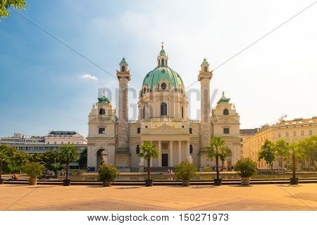 Beautiful view of famous Saint Charles's Church, Wiener Karlskirche at Karlsplatz at daylight, Vienna, Austria. Travel photo of Vienna.