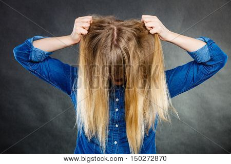 Furious Woman Pull Hair Out Of Head.