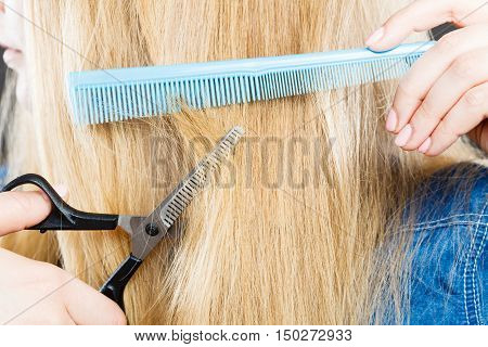 Woman Cutting Down Smoothy Hair.