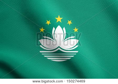 Macanese official flag. Patriotic chinese symbol banner element background. Macau is special region of PRC. Flag of Macau waving in the wind with detailed fabric texture, 3d illustration