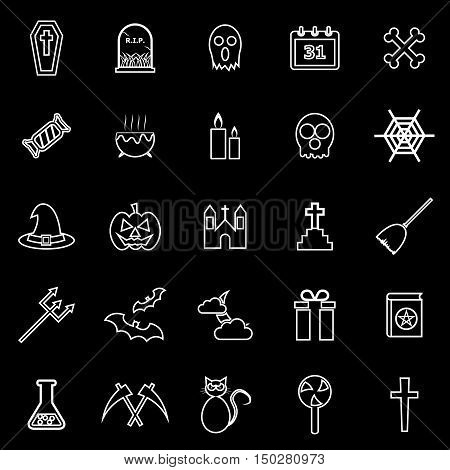Halloween line icons on black background, stock vector