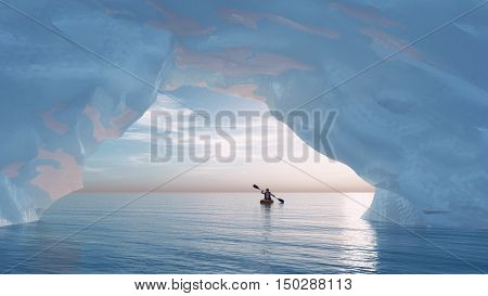 Paddle man in a small boat to the bow of an iceberg. This is a 3d render illustration