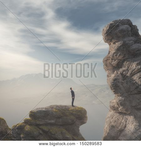 Young businessman standing on edge of rock mountain and looking for big rock. This is a 3d render illustration