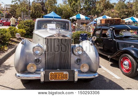 Laguna Beach, CA, USA - October 2, 2016: White 1949 Rolls Royce Silver Dawn Sedan owned by Rod Hatter and displayed at the Rotary Club of Laguna Beach 2016 Classic Car Show. Editorial use.