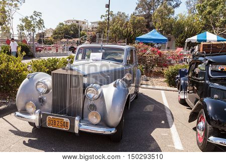 Laguna Beach, CA, USA - October 2, 2016: White 1949 Rolls Royce Silver Dawn Sedan owned by Rod Hatter and displayed at the Rotary Club of Laguna Beach 2016 Classic Car Show. Editorial use.