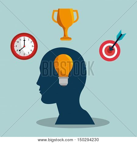 human head profile with bulb light and watch and trophy icon. colofurl design. vector illustration