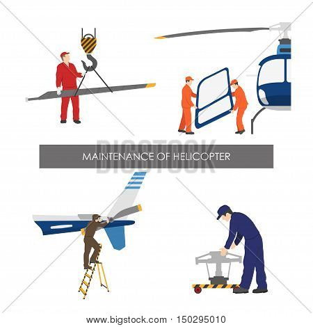 Repair and maintenance of helicopter . Set of helicopter parts in flat style on white background. Vector illustration