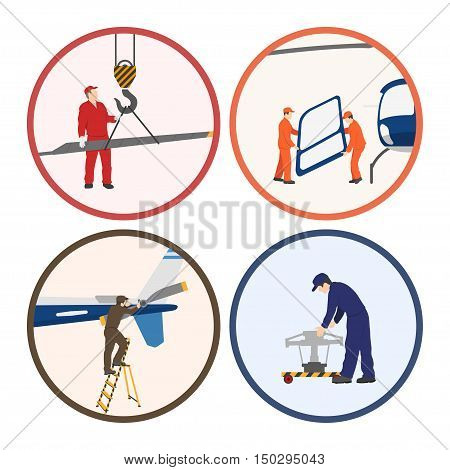 Repair and maintenance of helicopter. Set of helicopter parts in flat style on white background. Vector illustration