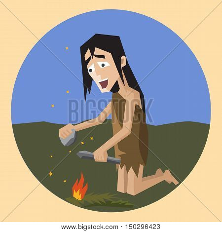 invention of fire, funny colorful cartoon vector illustration