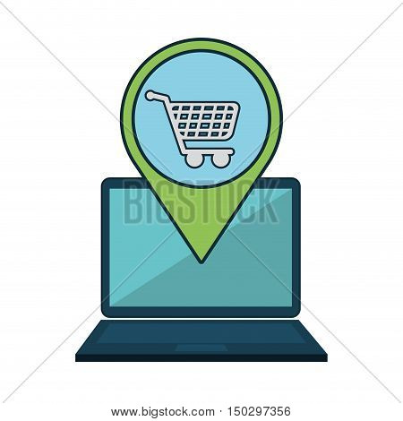 laptop computer device and ubication pin with shopping cart icon inside. vector illustration