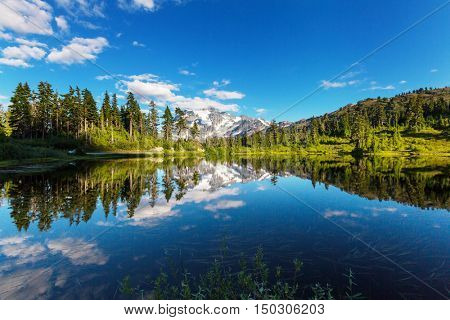 Scenic Picture lake with mount Shuksan reflection in Washington, USA