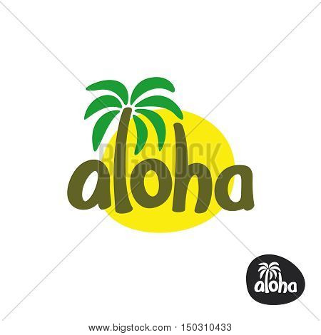 Aloha lettering word logo with palm tree and sun silhouette behind