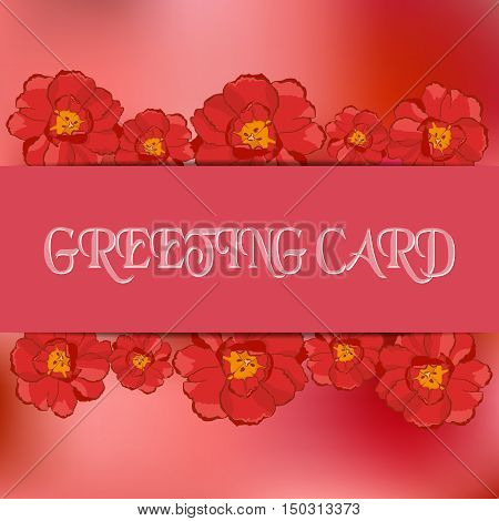 Stock vector card template for greeting invitation cards. Abstract blurred pink background and flowers. Tulip and narcissus. Template for poster banner greeting card invitation. You can place your text in the center. Illustration