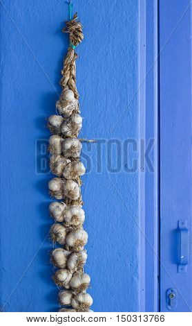 Garlic string hanging on the blue wall