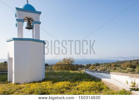 Church belfry and sea in Kos island Greece