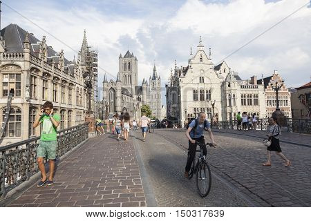 Ghent, 27 august 2016: st niklaas church in belgian town of Gent seen from michaels bridge