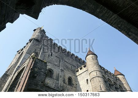 Castle Gravensteen in Belgium town of Ghent seen from entrance
