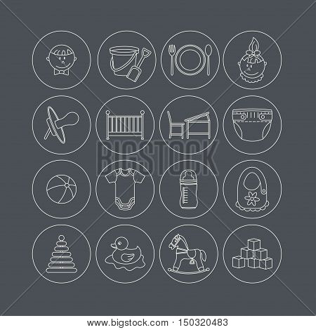 Child and baby care center thin line icons. Kindergarten vector logo. Diaper, sandpit, slide, horse, ball, bottle, crib pacifier