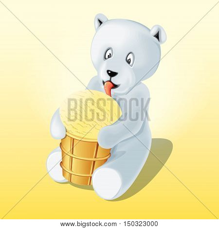 Cute Cartoon Young Polar Bear Licking Ice Cream of Vanilla