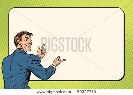 Businessman showing on Billboard background, pop art retro vector illustration