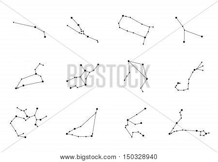 Vector constellations. Zodiac Constellations Set. Space and Stars. Leo Virgo Scorpio Libra Aquarius Sagitarius Pisces Capricorn Taurus Aries Gemini Cancer.