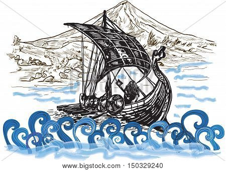 An hand drawn vector in comic style - Drekar boat vikings ship. Marine vessel with an bearded warrior with the axe in his hands.