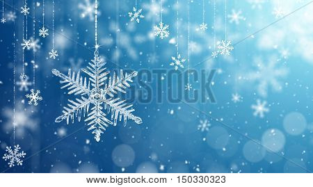 Macro snowflake and fallen defocused snowflakes on blue background - 3D Rendering