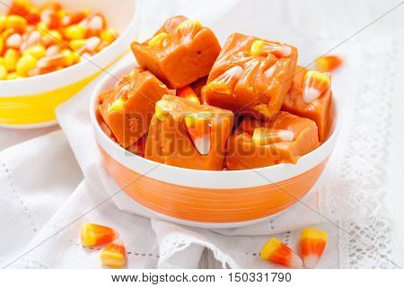 Delicious butterfinger fudge with candy corn and peanut butter