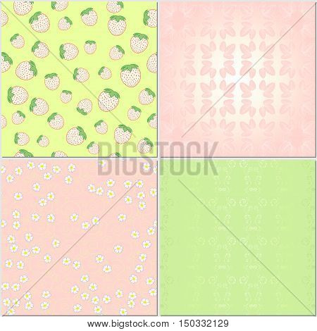 Set of four seamless backgrounds. Theme of nature. Strawberry plants. Flowers berries leaves. Delicate pink and green colors.