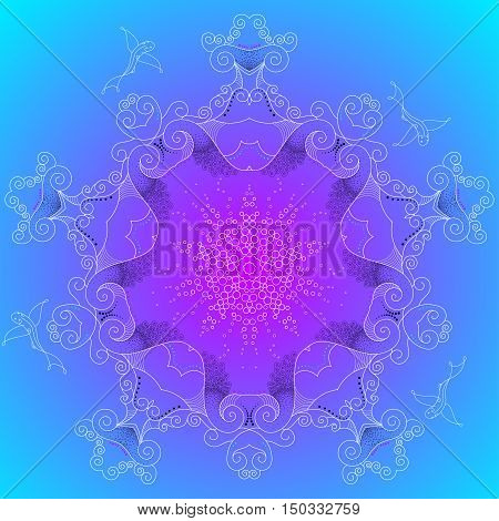 Abstract illustration. Flying fishes on the deep sea. Turquoise blue and purple colors of the gradient.