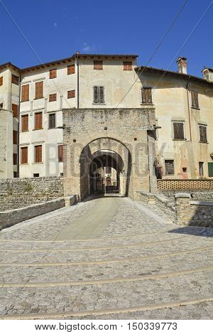 Valvasone Italy - July 19th 2016. The 13th century castle in the north east Italian town of Valvasone Friuli Venezia Giulia.