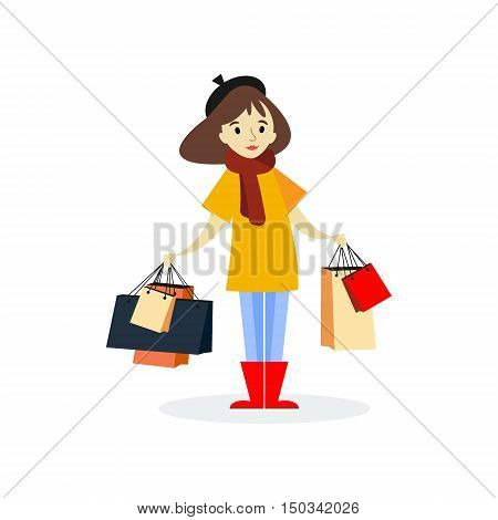 Young autumn girl with shopping bags . Flat woman character. Isolated on white background - vector illustration. Buyer. Sale.