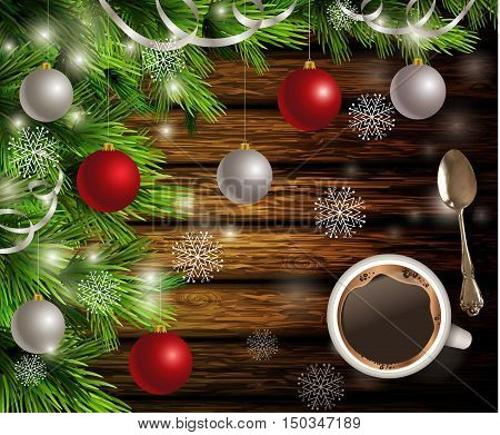 Christmas New Year design dark rustic wooden background with coffee teaspoon christmas tree and silver and red balls
